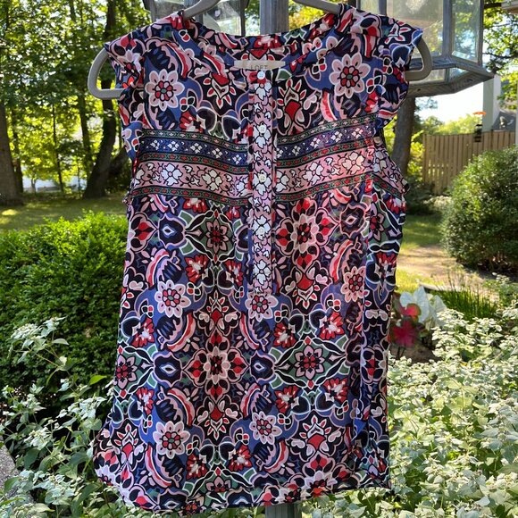 Ann Taylor Loft blue pink white green flowered top. Short ruffled sleeves, S - Picture 1 of 7